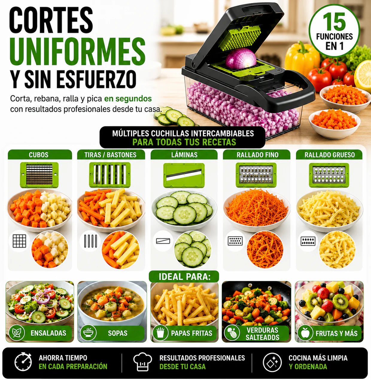 CortaFácil Pro 15 en 1 - Reduce el tiempo de preparación de tus comidas