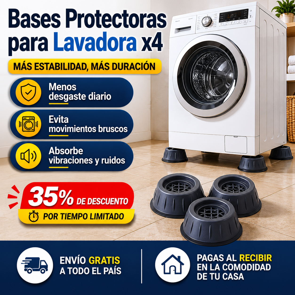 Bases Protectoras para Lavadora x4 - Más estabilidad, más duración