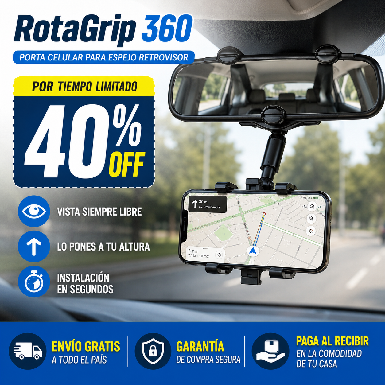 Porta Celular RotaGrip 360 - Gira, ajusta y listo, sin tapar tu visión