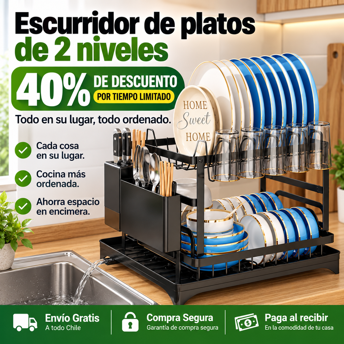 Escurridor de platos de 2 niveles - Todo en su lugar, todo ordenado