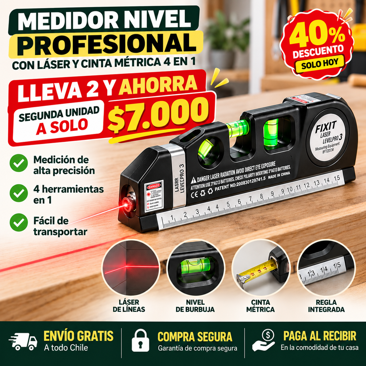 Nivelador Láser Pro 4 en 1 - Cuadros, repisas y pisos derechos a la primera