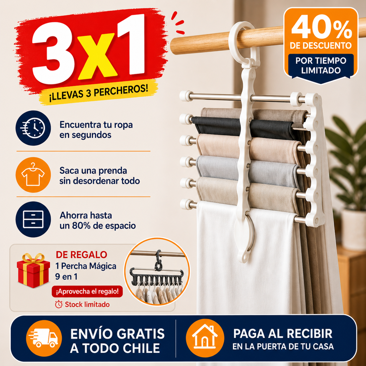 Perchero AhorraEspacio 5 en 1 - Encuentra tu ropa rápidamente