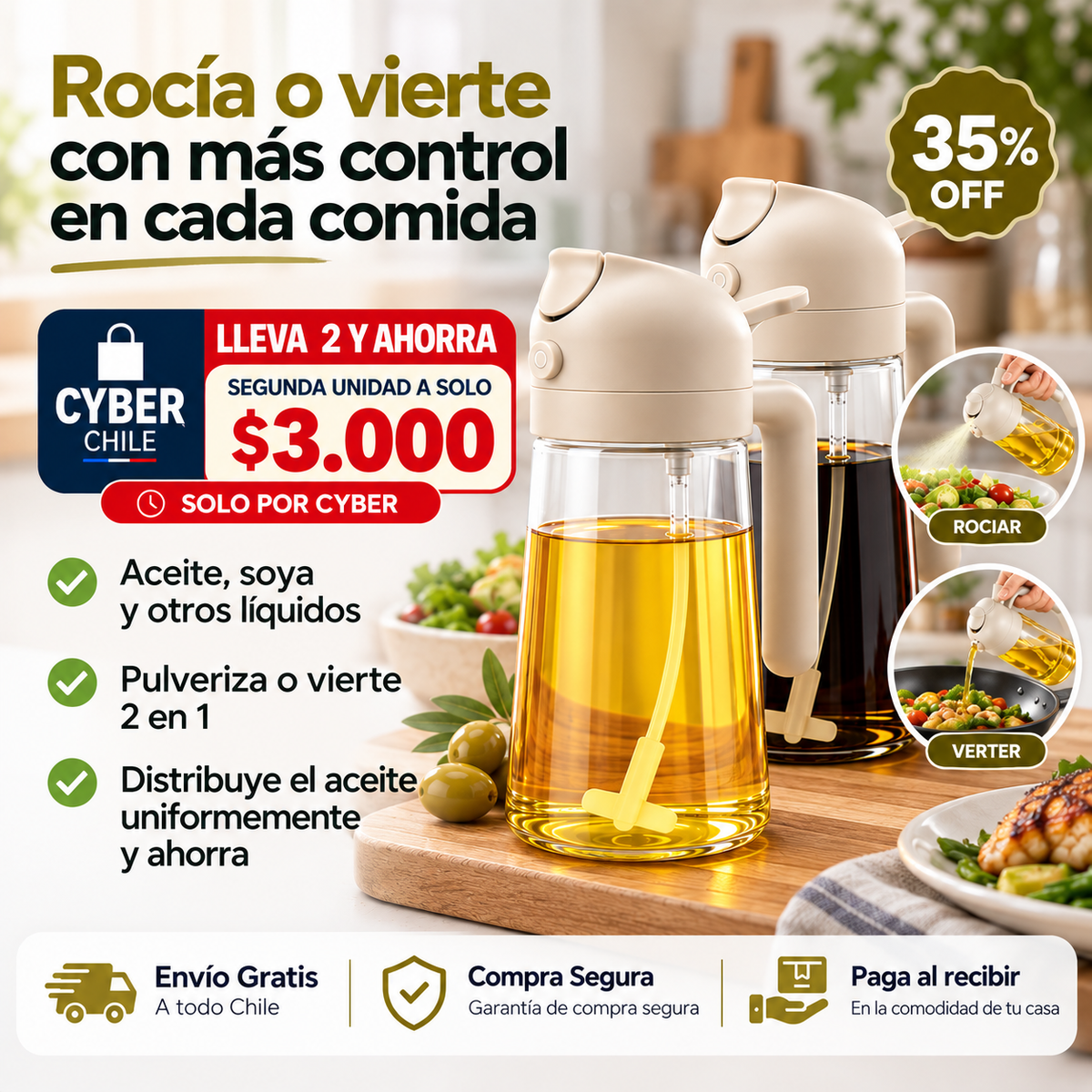 Dispensador de Aceite 2 en 1 | Rocía, Vierte y Cocina sin Desperdiciar