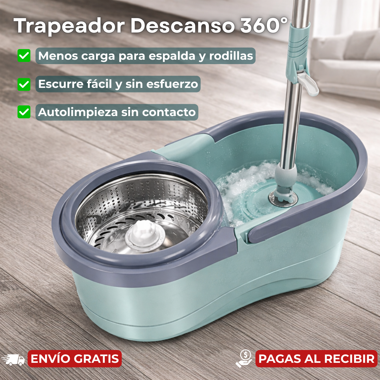 Trapeador Descanso 360°- Limpia tu casa sin forzar la espalda ni las rodillas