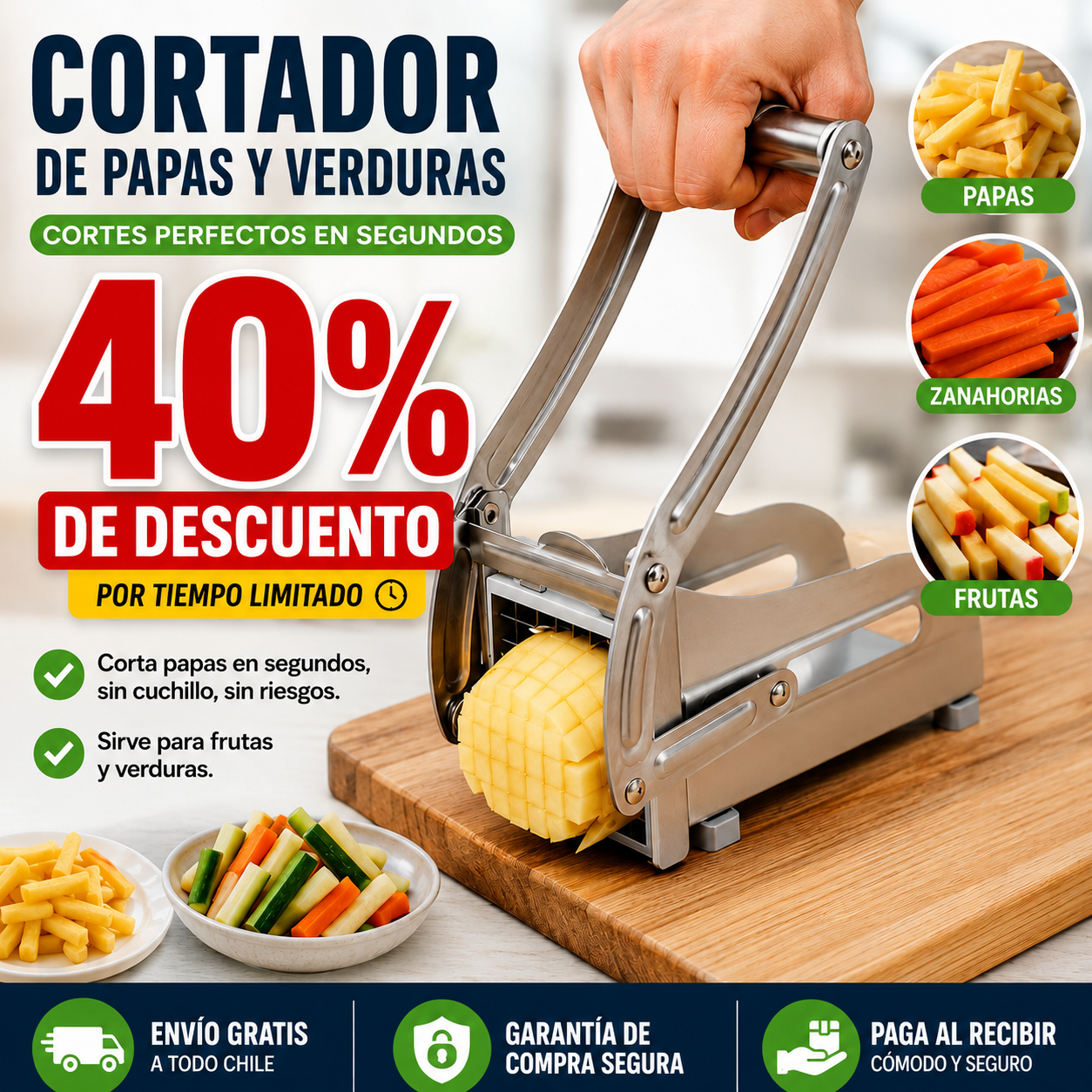 Cortador de Papas, Frutas y Verduras – Un empujón y queda listo para cocinar