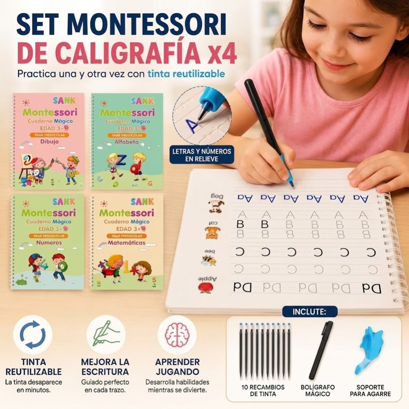 Set Montessori de Caligrafía x4 - Reutilizables con tinta mágica